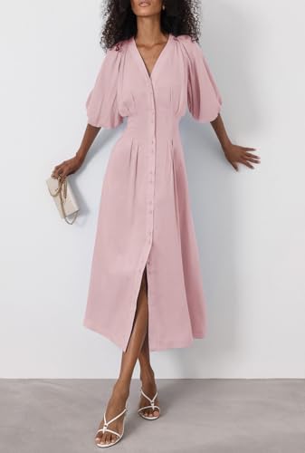 Image of chouyatou Women Summer Puff Sleeve Button Down Shirt Dress Flowy Elegant Business Casual Midi Long Dress
