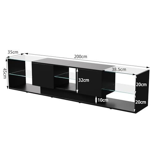 Mueble de TV moderno con 3 puertas de almacenamiento y estantes de cristal LED integrados, iluminación multicolor, ideal para salón o dormitorio (negro, 240 x 44 x 38 cm) - imagen 2