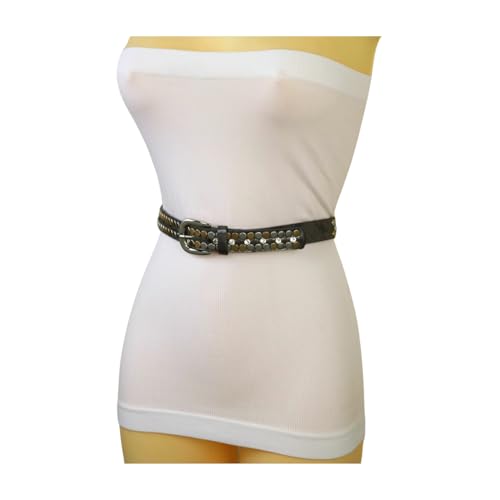 TrendyFashionJewelry Women Skinny Faux Leather Belt Hip Gold Metal Silver Studs Buckle S M Metallic Black z195 5