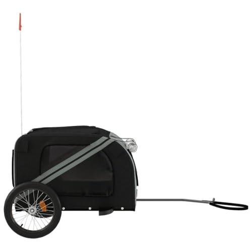 vidaXL Fahrradanhänger für Hunde, Hundeanhänger mit Reflektoren Flagge, Hundetransporter Maximale Belastbarkeit 45kg, Schwarz Grau Oxford-Gewebe Eisen
