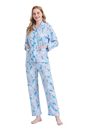 GLOBAL Ladies Pyjamas Set 100% Cotton Womens PJs Long Drawstring Sleepwear for Women Blue, Multicolor Puppies M