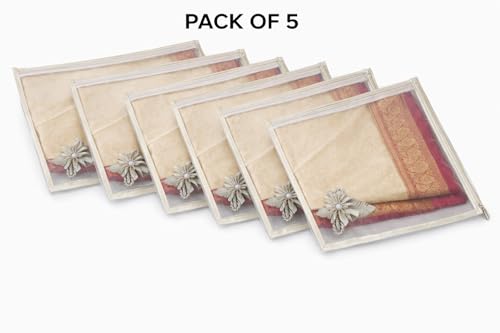 Image of RAAHII 5 Piece Wedding Gifting Transparent single saree cover with zip, suit packing plastic covers for sadi, duppata, clothes bags, lehenga, kurti for wardrobe storage organizer (Silver)
