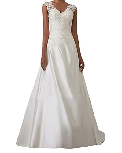 Onsoyours Robe de mariée Femme Élégant Dentelle Col V Dos Nu sans Manches Robes Longue de Nuptiale Soirée Princesse Demoiselle d'honneur Blanc 16 M