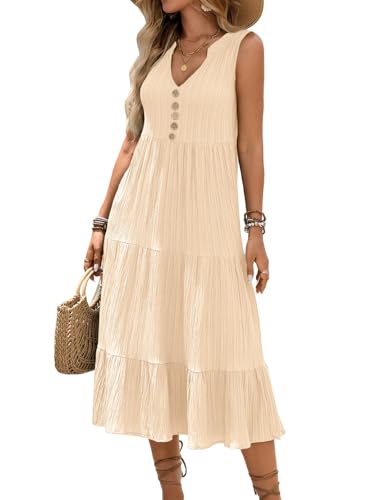 Image of HELYO Women's Casual Summer Dress 2026 Sleeveless V Neck Button Beach Sundress Tiered Ruffle Flows Skirt Midi Dresses