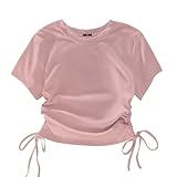 Girls Fashion Tops,Girls Teen Summer Short Sleeve Tops 2026 Kids Fashion Side Ruched Drawstring Blouse Casual Crewneck Tunic Shirt 4-14Y