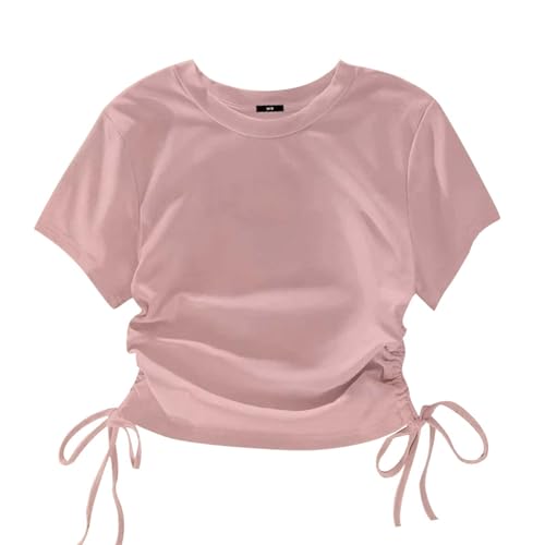 Girls Fashion Tops,Girls Teen Summer Short Sleeve Tops 2026 Kids Fashion Side Ruched Drawstring Blouse Casual Crewneck Tunic Shirt 4-14Y