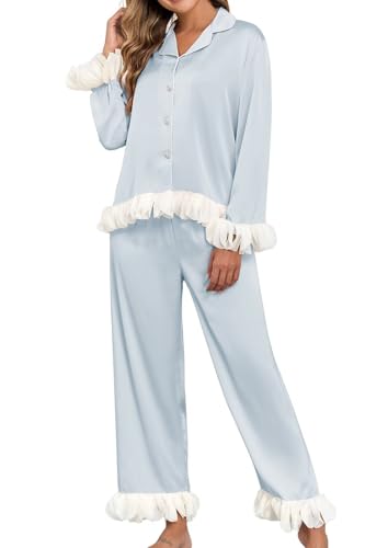 Image of Brosloth Womens Silk Pajamas Set Long Sleeve Satin Button Up Sleepwear | Cute Soft Fall Pjs Sets, Lace 2 Piece Lounge Set, Elegant Bridesmaid Pajama, Skin Friendly Sleepwear for Wedding, Honeymoon