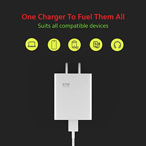 Image of M i 67W Sonic Charger For Xiaomi Redmi Note 11T Pro+, Xiaomi Redmi Note 11 T Pro Plus Charger Mi 67W Sonic Charge Combo |Mi /Xiaomi /Redmi Charger|Superfast 6A Type C Included| Laptops, Tablets & Mobile Charger|(Adapter + USB to Type C Cable) KT1, WHITE