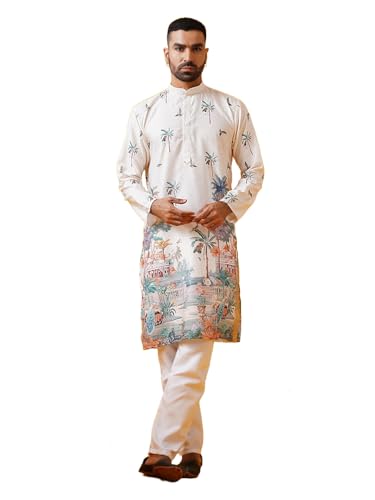 Sojanya (Since 1958 Men'S Cotton Krochet Daman Print Cream Kurta With White Pyjama - Main Image