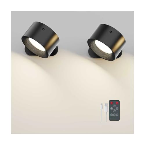 Deyagoo 2PACK Romote LED Wall Sconce - Rechargeable Wall Light, 3 Colors & 3 Brightness Levels, 360° Magnetic Rotating Head, Bedside Reading Lamp, Easy Install Battery Operated Wall Lamp Black