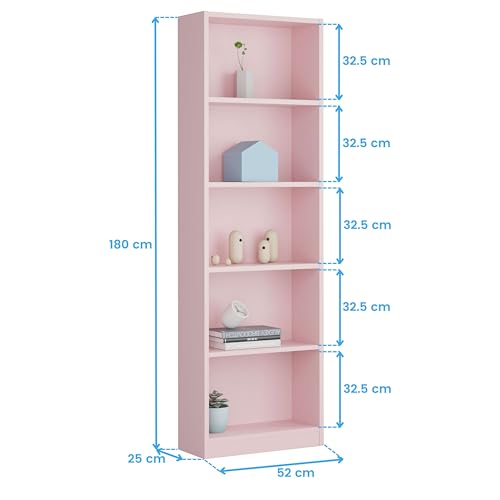 Lineares Bücherregal mit fünf Regalen, rosa Farbe, Maße 52 x 180 x 25 cm – Ansicht 3