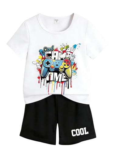 Image of Cakaner Tween Boys Summer Clothes 2 Piece Short Sleeve Graphic T-Shirt and Shorts Casual Outfit Set Size 7-14