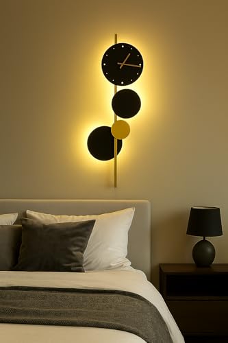 Image of blissbells Modern Abstract Wall Light with Integrated Clock, Minimalist Design in Black and Gold (Clock and Circles)