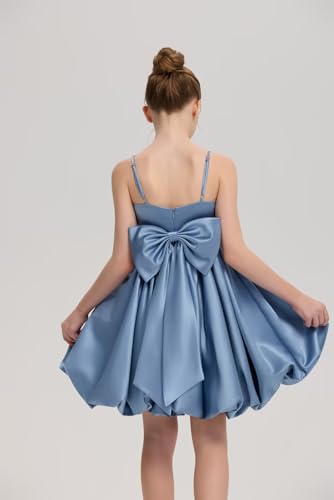 Spaghetti Straps Flower Girl Dress with Bow Satin Short Junior Bridesmaid Dress for Wedding Party Prom Gown for Kids3