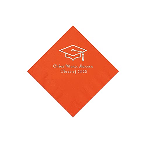 Orange Grad Mortarboard Personalized Napkins with Silver Foil - 50 Pc. Beverage