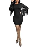 Mintsnow Women's Sexy Long Sleeve Bodycon Fringe Dress Crewneck Solid Ruched Tassels Mini Dresses Club Party Cocktail Black S