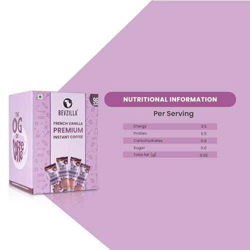 Bevzilla Instant Coffee Powder - 96 Sachets (French Vanilla)| Hot & Cold Coffee| Makes 96 Cups| 100 % Arabica Coffee| Strong Coffee| Easy To Carry| Best Coffee| Espresso, Latte, Cappuccino| Premium