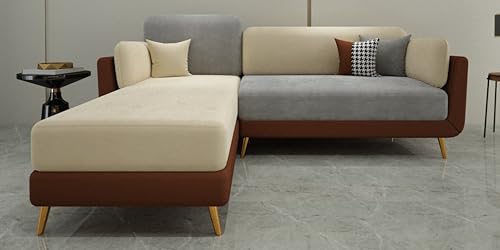 Image of Sixpine Luxury Dual Color Upholstery Lounger RHS Sofa in Premium Velvet | Solid Wood Structure | Sturdy Golden Legs | High Density Foam | Extra Comfort for Modern Living Room (Brown & Beige, 4 Seater)