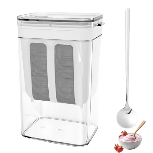 Coador de iogurte, ferramenta de cozinha para separação de soro de leite, 1100 ml, coador de iogurte grego, coadores de coalhada pendurados com tampa e colher para iogurte, suco, chá, leite de nozes e