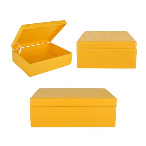 Creative Deco XL Yellow Wooden Box Storage with Hinged Lid | 15.8 x 11.8 x 5.5 inches (+-0.5) | Gift Box for Tool Shoes Clothes Kitchen Storage Document | Wood Keepsake Chest