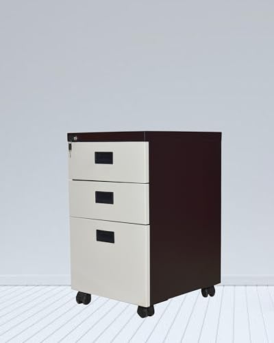 Image of Amazon Brand - Solimo 3 Drawer Steel Pedestal Cabinet | Lockable Powder Coated Filing Cabinet for Files, Documents & Stationery | Office Storage Unit (Brown, Pedestal with Wheels)