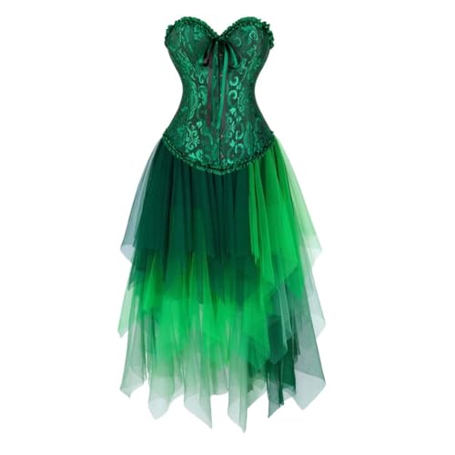 Jutrisujo Korsett Kleid Damen Corsage Mehrschichtige Spitzes Corsagenkleid Top Korsagenkleid Spitze Kostüm Renissance Plus Größe Vintage Grün L