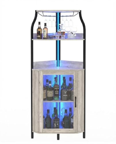 LEISULIF Corner Wine Bar Cabinet with Power Outlet, 5-Tier Industrial