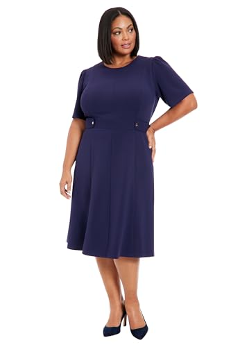 Image of London Times Women's Short Sleeve Crepe Fit and Flare Midi with Waist Button Detail