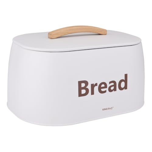 KING HOFF Boîte à pain en métal pour pain et pâtisserie, poignée en bois pratique, corbeille à pain moderne et fonctionnelle (blanc)