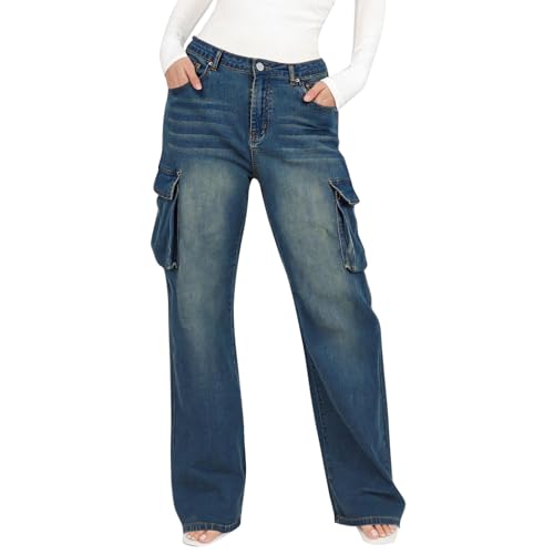 Cargo Jeans for Women Baggy Wide Leg Boyfriend Jeans Stretchy Mid Rise Jean Casual Straight Leg Jean with Pockets3