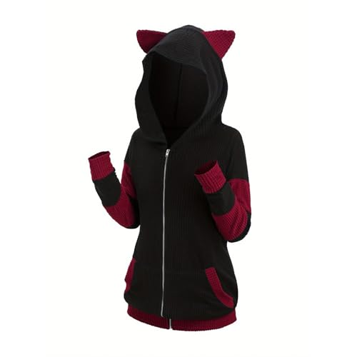 Women Plus Size Cat Ear Ribbed Hooded Coats Blouson Jacket Animal Ear Two Tone Cute Hoodies Full Zip Outwear Black