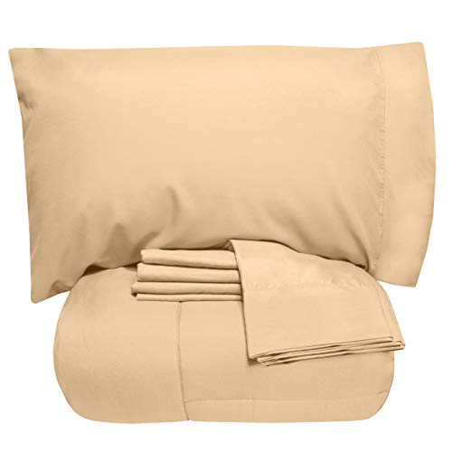 Sweet Home Collection 7 Piece Comforter Set Bag Solid Color All Season Soft Down Alternative Blanket & Luxurious Microfiber Bed Sheets, Queen, Camel