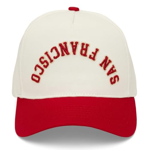Funky Junque Retro San Francisco Hat Baseball Cap with Upside Down City Arched Embroidery Unisex Adjustable Snapback for Football Game Day Tailgating San Francisco (Red/Beige)