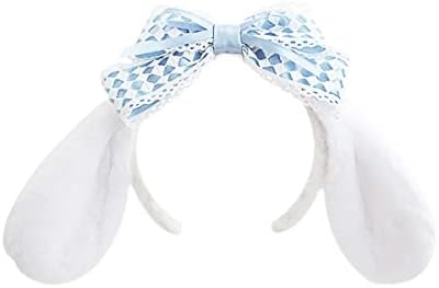 ADRJLYQ Anime Plush Headband Cute JK Lolita Big Ear Dog Bunny Bowknot Headwear for Girls Facial Makeup Head Band Costume Cosplay (Blue White)