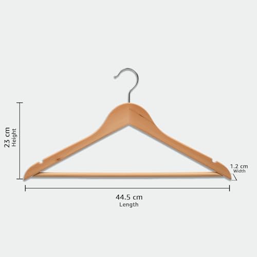 Image of Amazon Basics Wooden Hangers - Glossy Finish, Natural Wooden Color, Chrome Hook, 360 Rotation, Pant Bar, 5kg Load Capacity, Pack of 20 (Size: 44.5L x 23H x 1.2W cm)