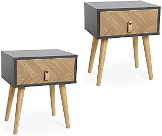VonHaus Herringbone Bedside Table Set of 2  Matching Pair of Grey & Wood Effect Nightstands for Bedroom - Scandi Style Bedside Cabinets - Modern 1 Drawer Bed Side Tables for Living Room