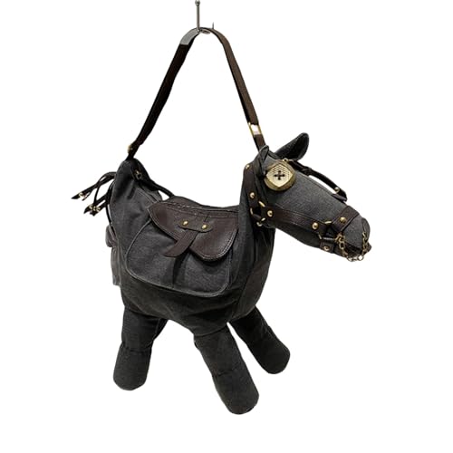 Thalorix Satteltasche Damen Große Canvas Crossbody Tasche Pferd Form Gedruckt Street Style Casual Tasche Reise Schultertasche Patchwork Design Mehrere Fächer (Grau/Braun), grau