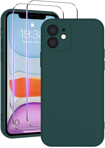 Qasyfanc Soft Silicone Case for iPhone 11 with 2 Tempered Glass Screen Protectors Shockproof Full Camera Protection iPhone 11 Cover with Anti-Scratch Microfiber Lining Dark Green