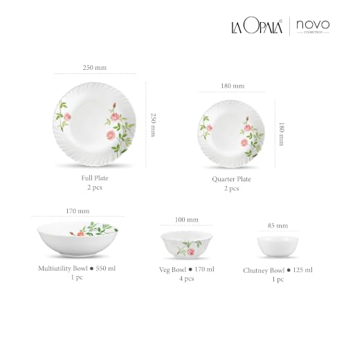 Image of La Opala Opal Glass Crockery | for Family of 2 | Dinner Set 10 pcs Rose Garden | Plates & Bowls for Dining | Microwave Safe | 100% Vegetarian | Extra Strong | Extra Light & White