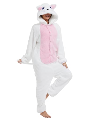chuangminghangqi Pyjama Barboteuse Combinaison Animal Adulte Unisexe Costume Onesie Sleepwear Jumpsuit Vêtement Nuit Capuche Grenouillère Loungewear Chaud Douce Party Fête Soirée(Chat Blanc,XXL)