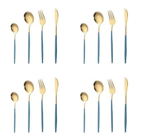 Image of aDai Premium Gold SUS304 Stainless Steel Cutlery Set - 8 Spoons, 4 Fork, 4 Steak Knife - Mirror Finish Dinnerware Flatware (Blue - Set of 16)
