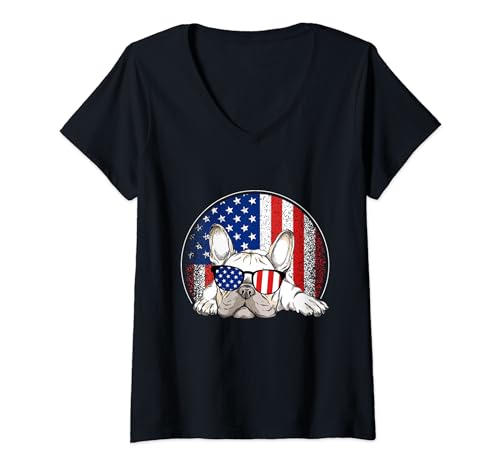 Bouledogue français patriotique drapeau américain T-Shirt avec Col en V