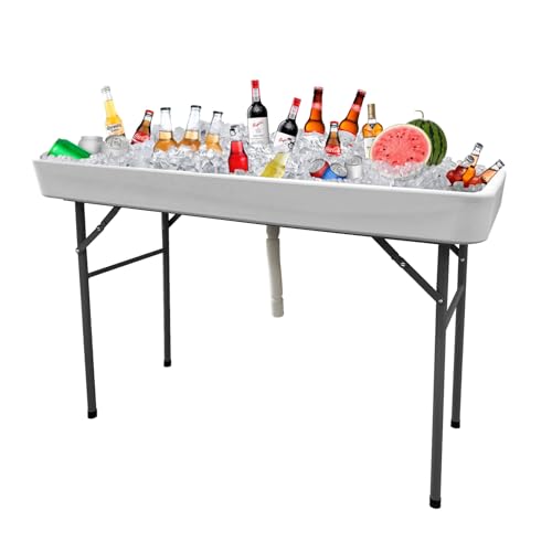 CAMP SOLUTIONS 4 Foot Bar Folding Ice Cooler Table with Drain, Portable Tailgate Camp Fishing Cleaning, Foldable Party Chilling Cooler Table Outdoor for Party,BBQ,Camping,Wedding