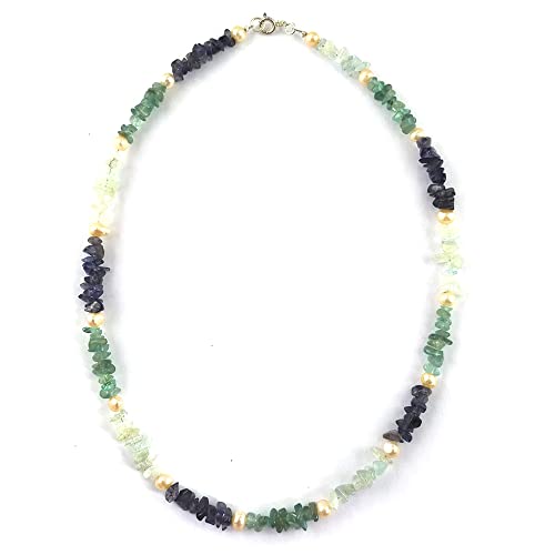 Collar de piedras auténticas barrocas pulidas de cordierita, aguamarina, apatita azul verdoso y perlas naturales de agua dulce. Cierre de plata 925 (42), Perla Piedra, Amatista