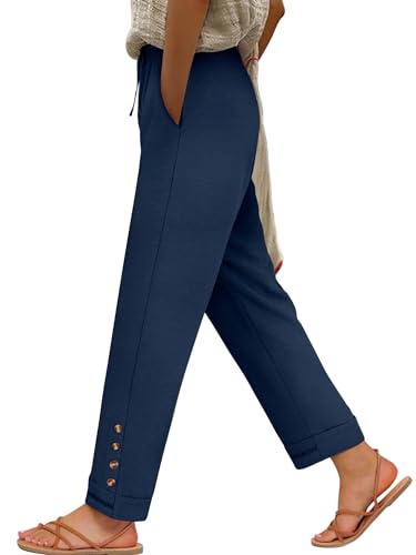 ANRABESS Womens Casual Cropped Pants Drawstring Elastic Waist 2026 Summer Loose Ankle Work Trousers with Pockets Navy Blue XL