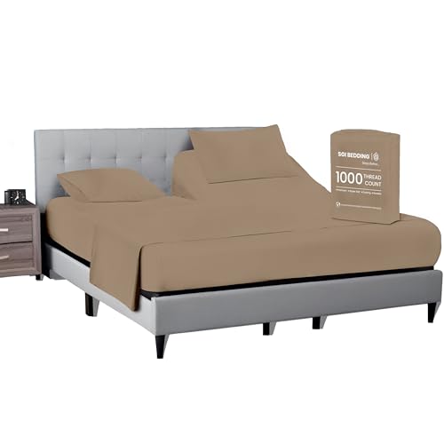 34 Inch Top Split Queen Flex Head Sheet Set for Sleep Number Beds -1000 Thread Count Egyptian Cotton sheet Set Beige Solid fits upto 15 inch Deep Mattress 1 Fitted sheet 1 Flat/Top Sheet 2 Pillowcase