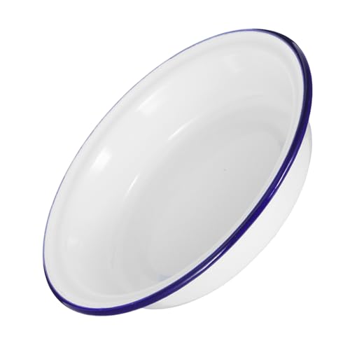 Zerodeko Plato de Esmalte Vintage Redondo Blanco con Borde Azul Cuenco Grande y Multifuncional para Servir Frutas Pasteles y Pollo Asado Resistente y Duradero para Reuniones Familiares