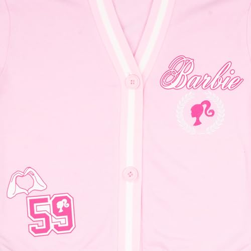 Barbie Girl's V-Neck Button Up Cardigan with Graphic Print and Embroidered Design - Long Sleeve Sweater with Pockets for Kids3