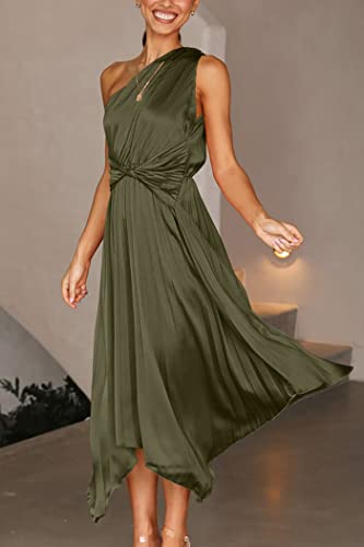 Prettygarden Women's Summer Long Satin Dress One Shoulder Sleeveless Ruched Twist Flowy Maxi Dresses (Army Green,Small) #TOP1