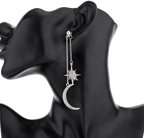 Sun Moon Earrings for Women Bohemian Cubic Zirconia Sun Moon Star Drop Dangle Earrings Gold Silver Long Chain Tassel Earrings Hypoallergenic Crescent Charm Earrings Christmas Birthday Party Jewelry - Image 2